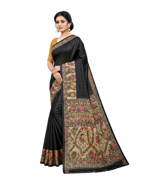 Black Traditional Wear Madhubani Pure Handloom Tassar Silk Saree