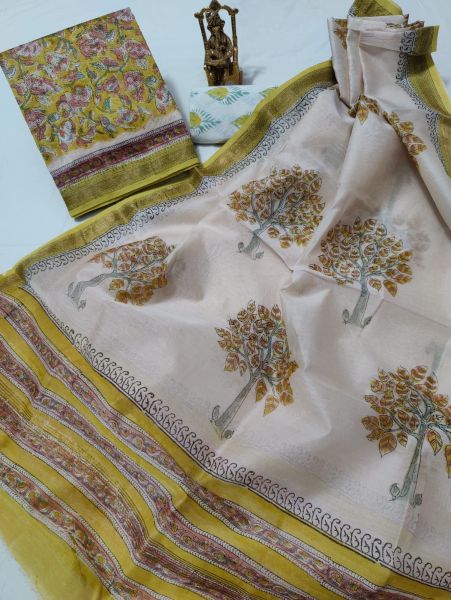 Yellow Cream Hand Block Printed Maheswari Silk Kurti Dupatta And Cotton Pant