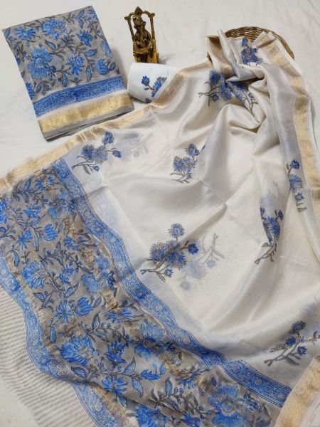 White Grey Hand Block Printed Maheswari Silk Kurti Dupatta And Cotton Pant