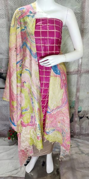 Dark Pink Katan Silk Suit Material With Pure Silk Kela Resham Marble Print Dupatta