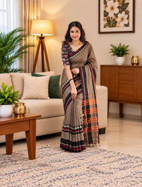 Biscuit Brown Pure Handloom Cotton Saree From Bengal