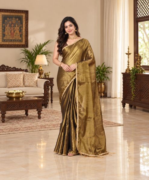 Dark Golden Pure Handloom Tissue Saree From Bengal
