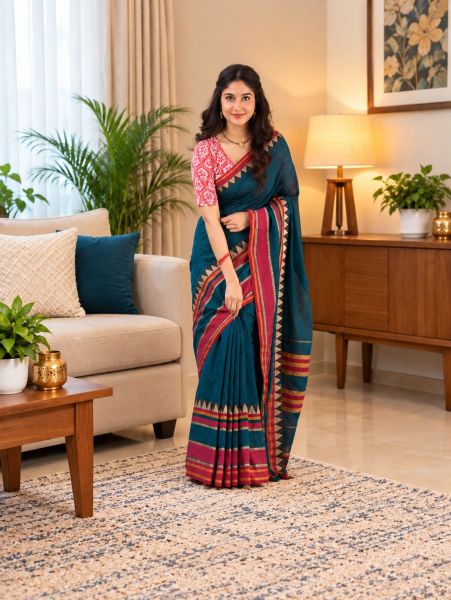 Sea Blue Pure Handloom Cotton Saree From Bengal