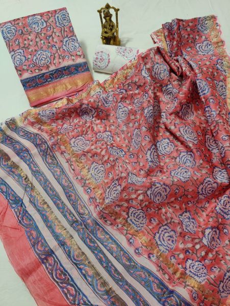 Peach Hand Block Printed Maheswari Silk Kurti Dupatta And Cotton Pant