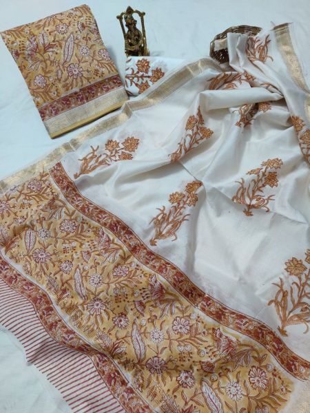 Yellow White Hand Block Printed Maheswari Silk Kurti Dupatta And Cotton Pant