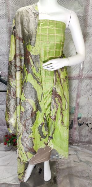 Light Olive Green Katan Silk Suit Material With Multi Color Pure Silk Kela Resham Marble Print Dupatta