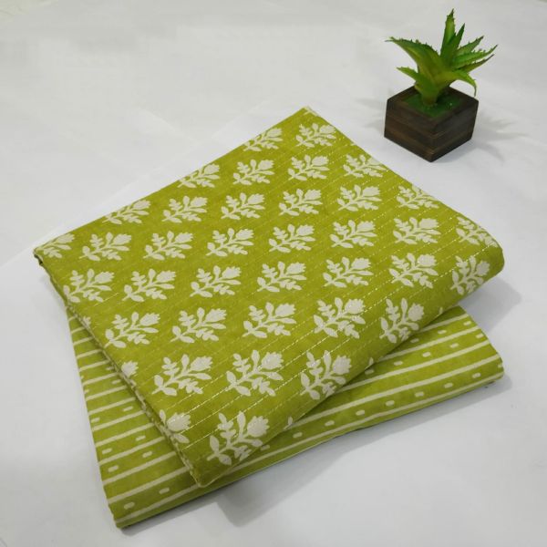 Light Green Hand Block Printed Cotton Kurti And Pant