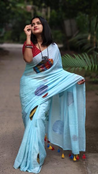 Sky Blue Pure Handloom Cotton Saree From Bengal