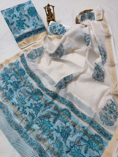 Sky Blue White Hand Block Printed Maheswari Silk Kurti Dupatta And Cotton Pant