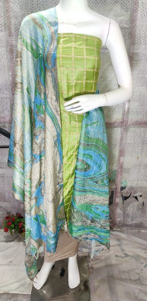 Light Olive Green Katan Silk Suit Material With Pure Silk Kela Resham Marble Print Dupatta