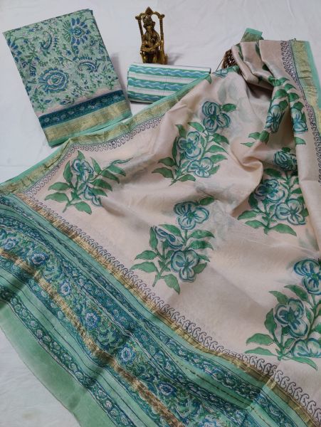 Sea Green Cream Hand Block Printed Maheswari Silk Kurti Dupatta And Cotton Pant