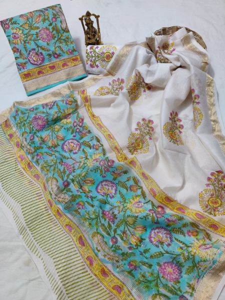 White Sky Blue Hand Block Printed Maheswari Silk Kurti Dupatta And Cotton Pant