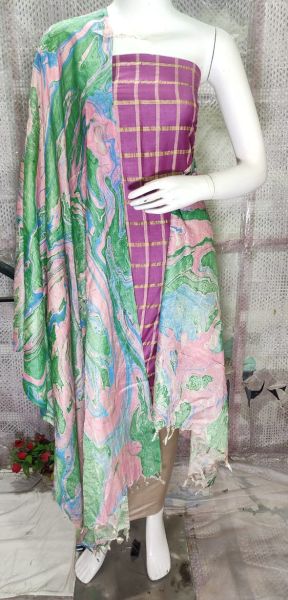 Light Plum Katan Silk Suit Material With Multi Color Pure Silk Kela Resham Marble Print Dupatta