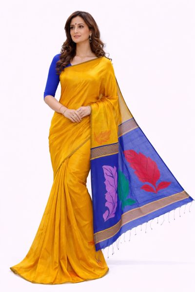 Elegant Yellow Handloom Silk Cotton Saree with Blue Leaf Motif & Blouse