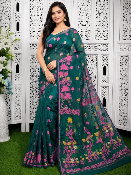 Bottle Green Authentic Bengal Dhakai Jamdani Saree | Pure Cotton Handloom Weave