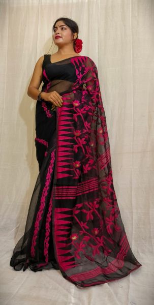 Black Pink Flower Jamdani Resham Saree From Bengal