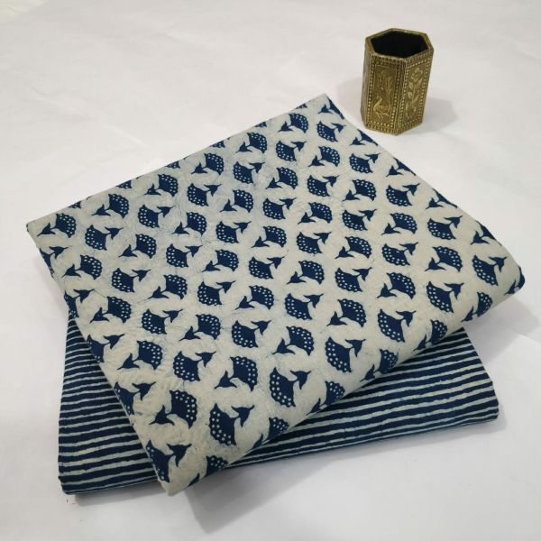 White Blue Hand Block Printed Cotton Kurti And Pant