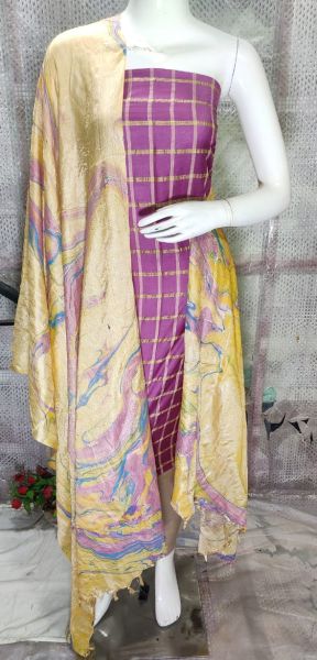 Light Plum Katan Silk Suit Material With Pure Silk Kela Resham Marble Print Dupatta