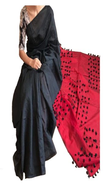 Black & Dark Red Pallu Pom-Pom Saree