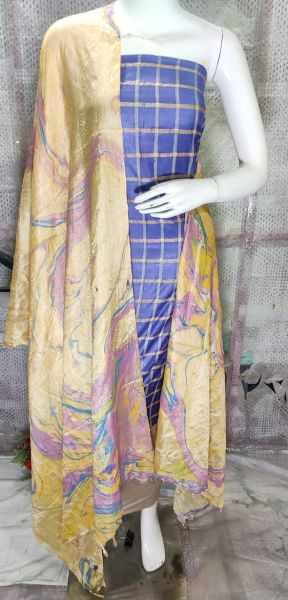 Lavender Blue Katan Silk Suit Material With Multi Color Pure Silk Kela Resham Marble Print Dupatta