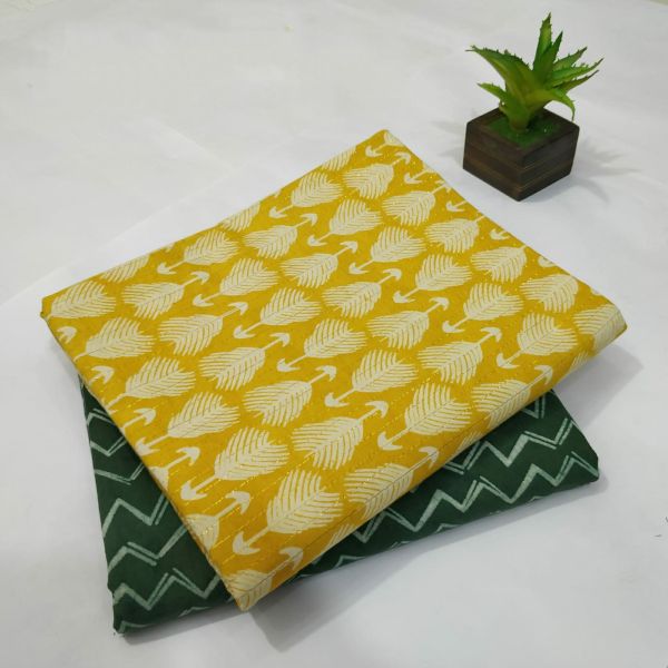 Yellow Deep Green Hand Block Printed Cotton Kurti And Pant