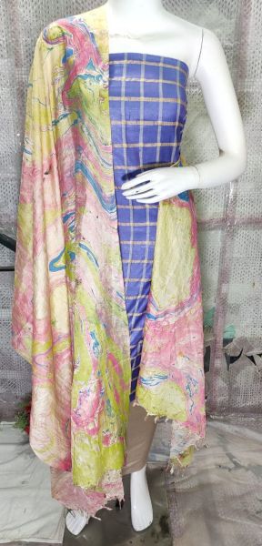 Lavender Blue Katan Silk Suit Material With Pure Silk Kela Resham Marble Print Dupatta