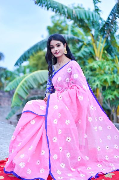 Baby Pink Flower Design Cotton Silk Saree From Bengal
