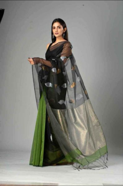 Black Green Mango Maslin Silk Saree From Bengal