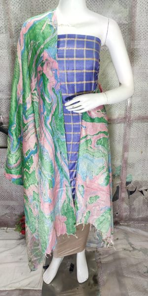 Blue Katan Silk Suit Material With Multi color Pure Silk Kela Resham Marble Print Dupatta