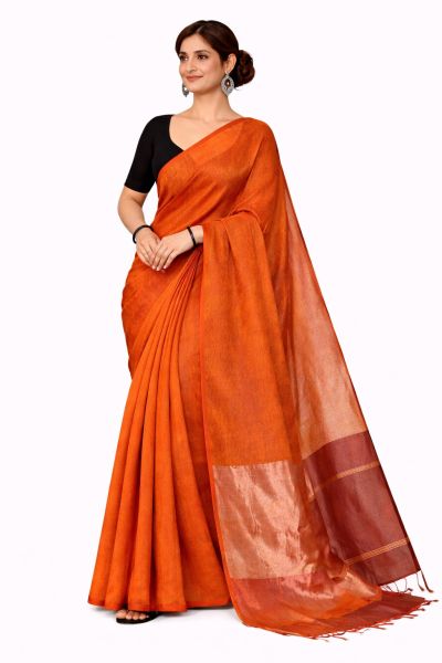 Orange Golden Silver Pure Handloom Cotton Saree From Bengal