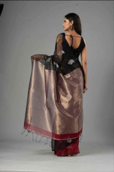 Black Maroon Mango Maslin Silk Saree From Bengal