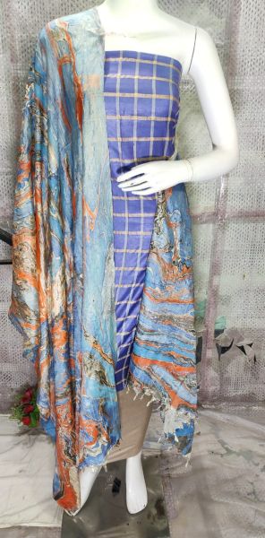 Blue Katan Silk Suit Material With Pure Silk Kela Resham Marble Print Dupatta