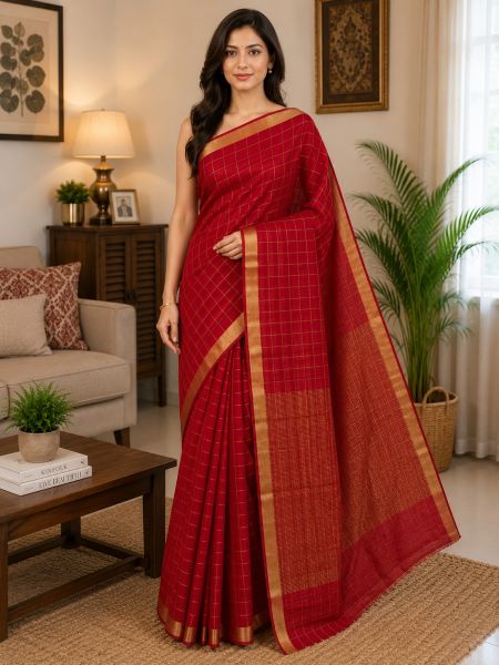 Red Fine Weave Pure Handloom Tussar Silk Saree From Bhagalpur