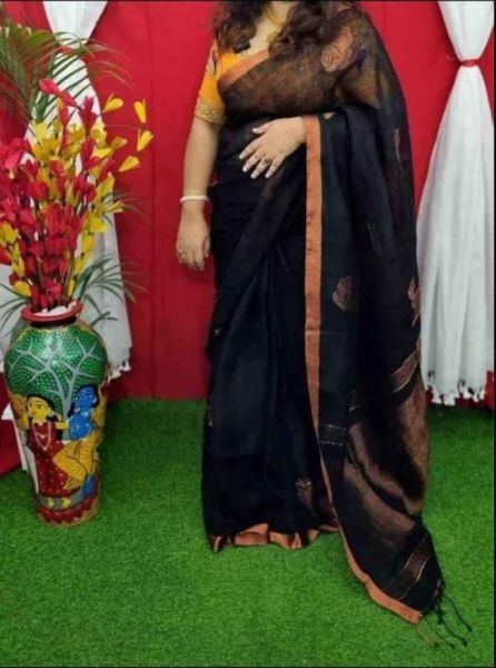 Black Butta Design Pure Handloom Linen Saree