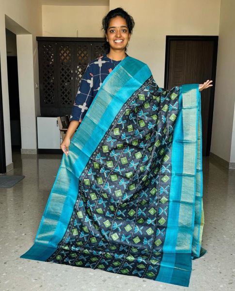 Black Blue Pure Handloom Tussar Silk Saree From Bengal