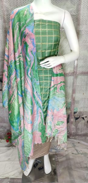 Grey Green Katan Silk Suit Material With Pure Silk Kela Resham Marble Print Dupatta