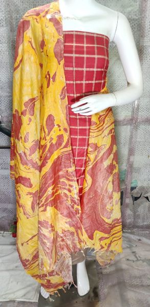 Light Red Katan Silk Suit Material With Multi Color Pure Silk Kela Resham Marble Print Dupatta