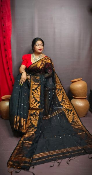 Black Buti Design Pure Handloom Silk Cotton Saree