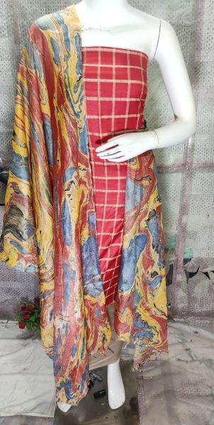 Light Red Katan Silk Suit Material With Pure Silk Kela Resham Marble Print Dupatta