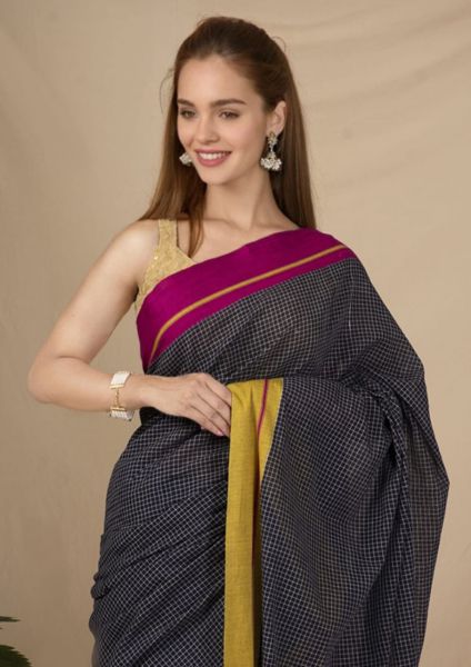 Black Pure Handloom Cotton Saree From Bengal