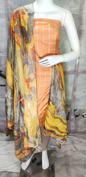Peach Katan Silk Suit Material With Multi Color Pure Silk Kela Resham Marble Print Dupatta