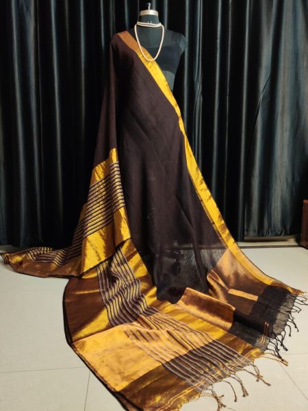 Brown Pure Handloom Linen Cotton Saree From Bengal
