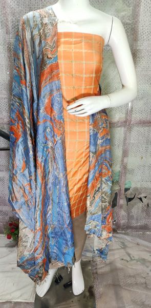 Peach Katan Silk Suit Material With Pure Silk Kela Resham Marble Print Dupatta