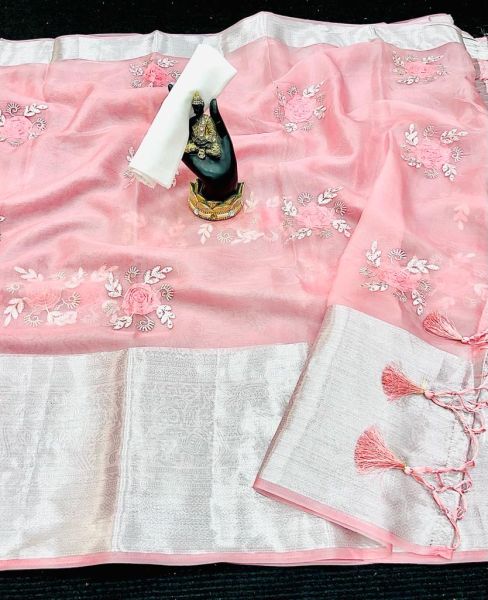 Baby Pink Tie And Dye Sequence Work Organza Silk Saree