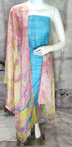 Sky Blue Katan Silk Suit Material With Pure Silk Kela Resham Marble Print Dupatta