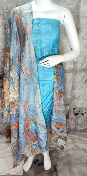 Sky Blue Katan Silk Suit Material With Multi Color Pure Silk Kela Resham Marble Print Dupatta