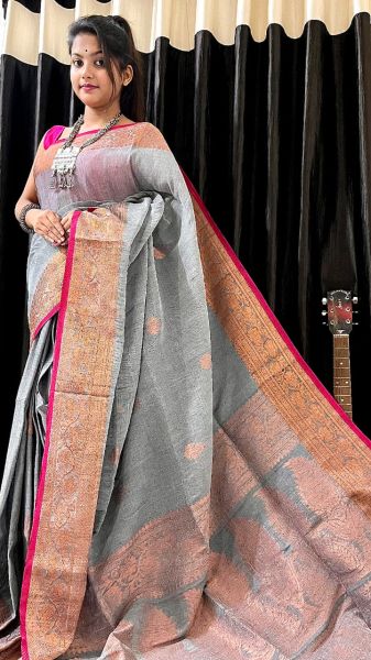 Dove Grey Pure Handloom Soft Cotton By linen Flower Design Saree