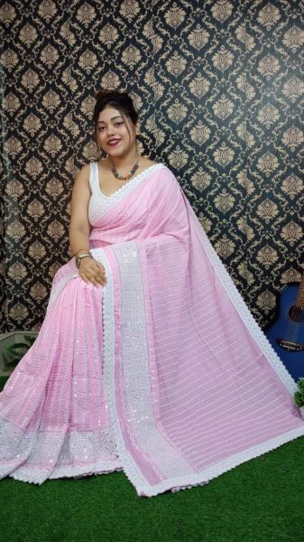 Baby Pink Stripes Design Pure Handloom Rayon Saree