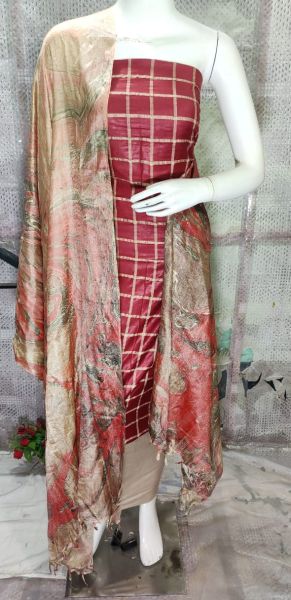 Brick Red Katan Silk Suit Material With Multi Color Pure Silk Kela Resham Marble Print Dupatta