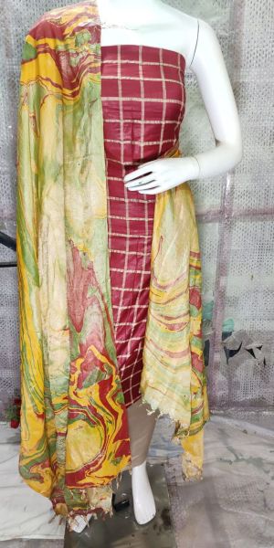 Brick Red Katan Silk Suit Material With Pure Silk Kela Resham Marble Print Dupatta